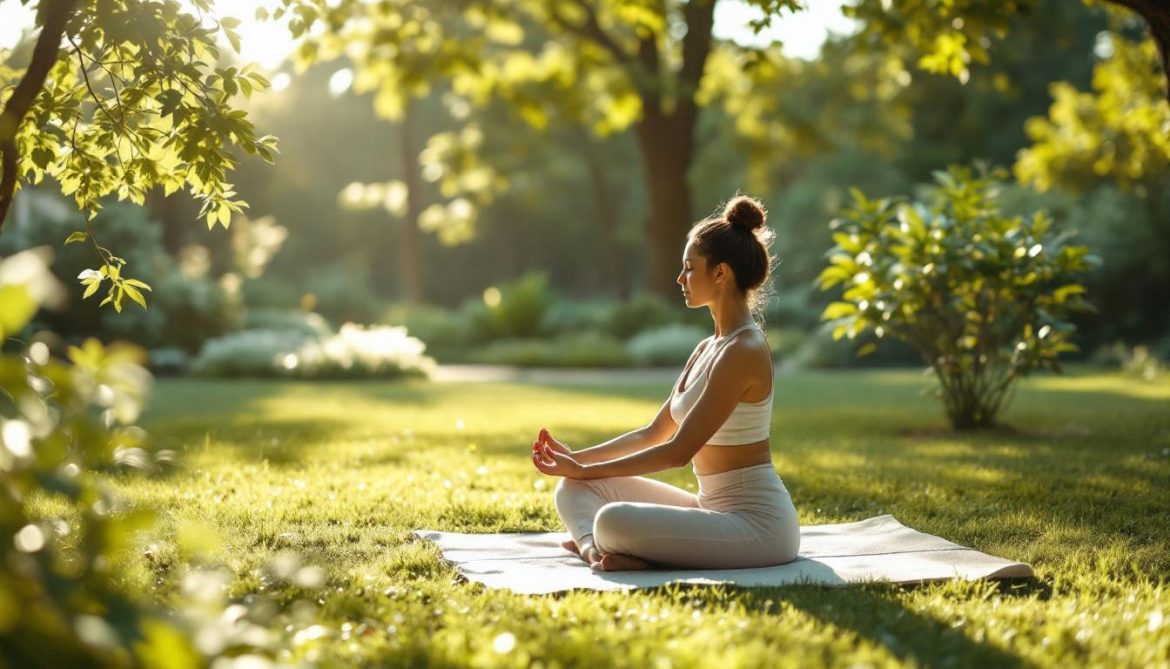 A photograph of a serene outdoor setting where an individual is practicing mindful movement