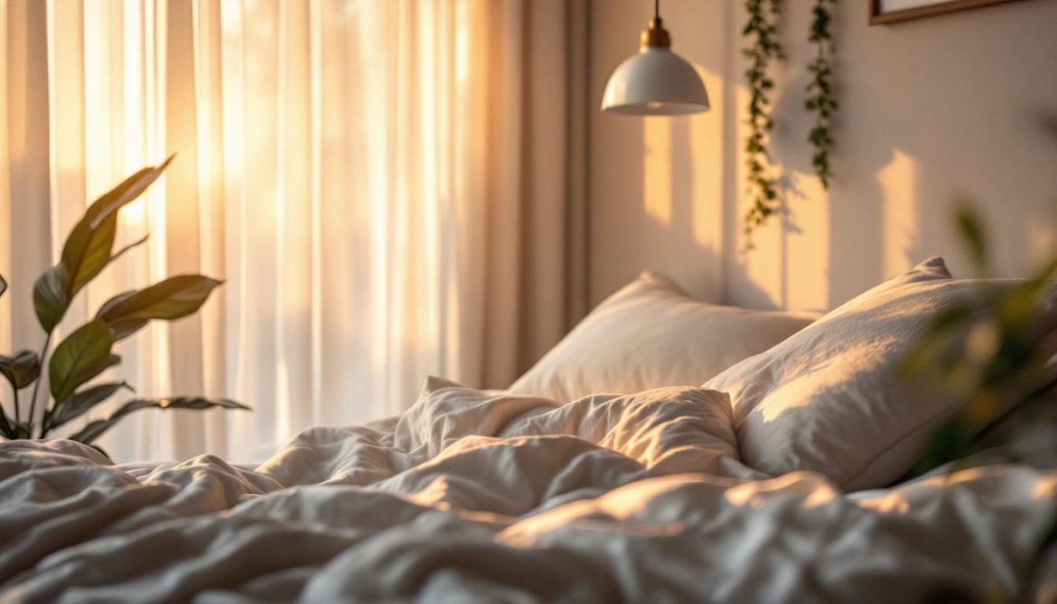A photograph of a serene bedroom scene at dawn